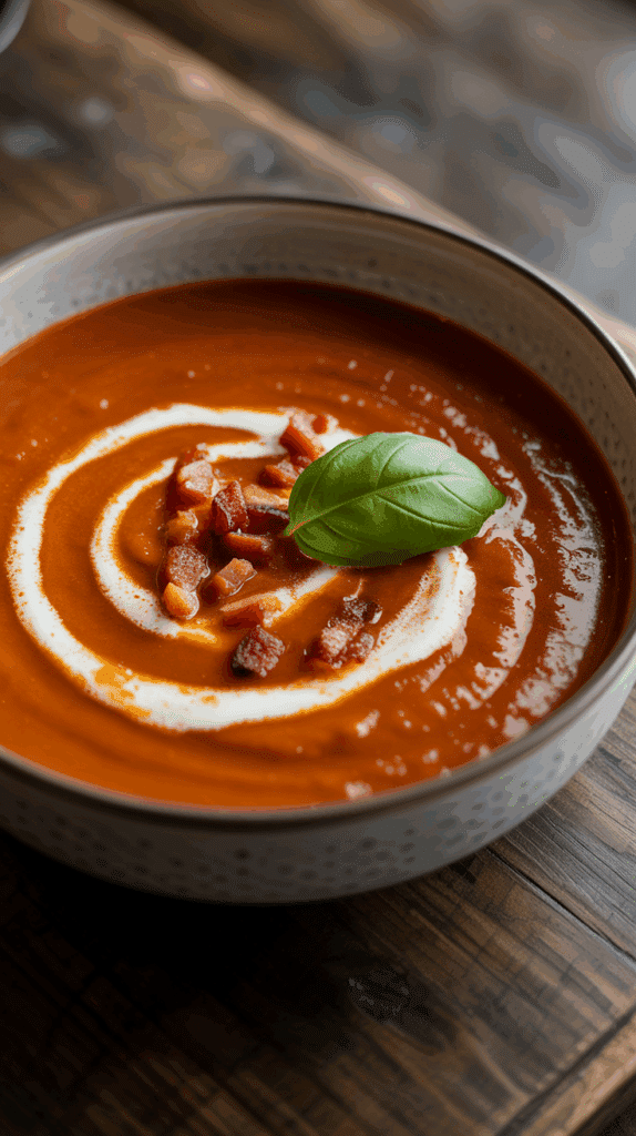 A warm bowl of the ultimate creamy Tomato Bisque, beautifully garnished with cream, bacon, and basil.