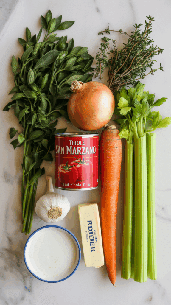 The fresh ingredients for a classic Tomato Bisque recipe, including tomatoes, mirepoix, herbs, and cream, arranged on a counter.