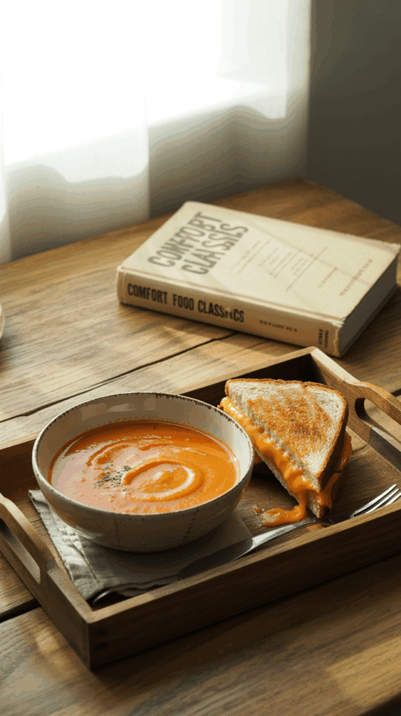 comforting meal of creamy Tomato Bisque served with a gooey grilled cheese sandwich for dipping.