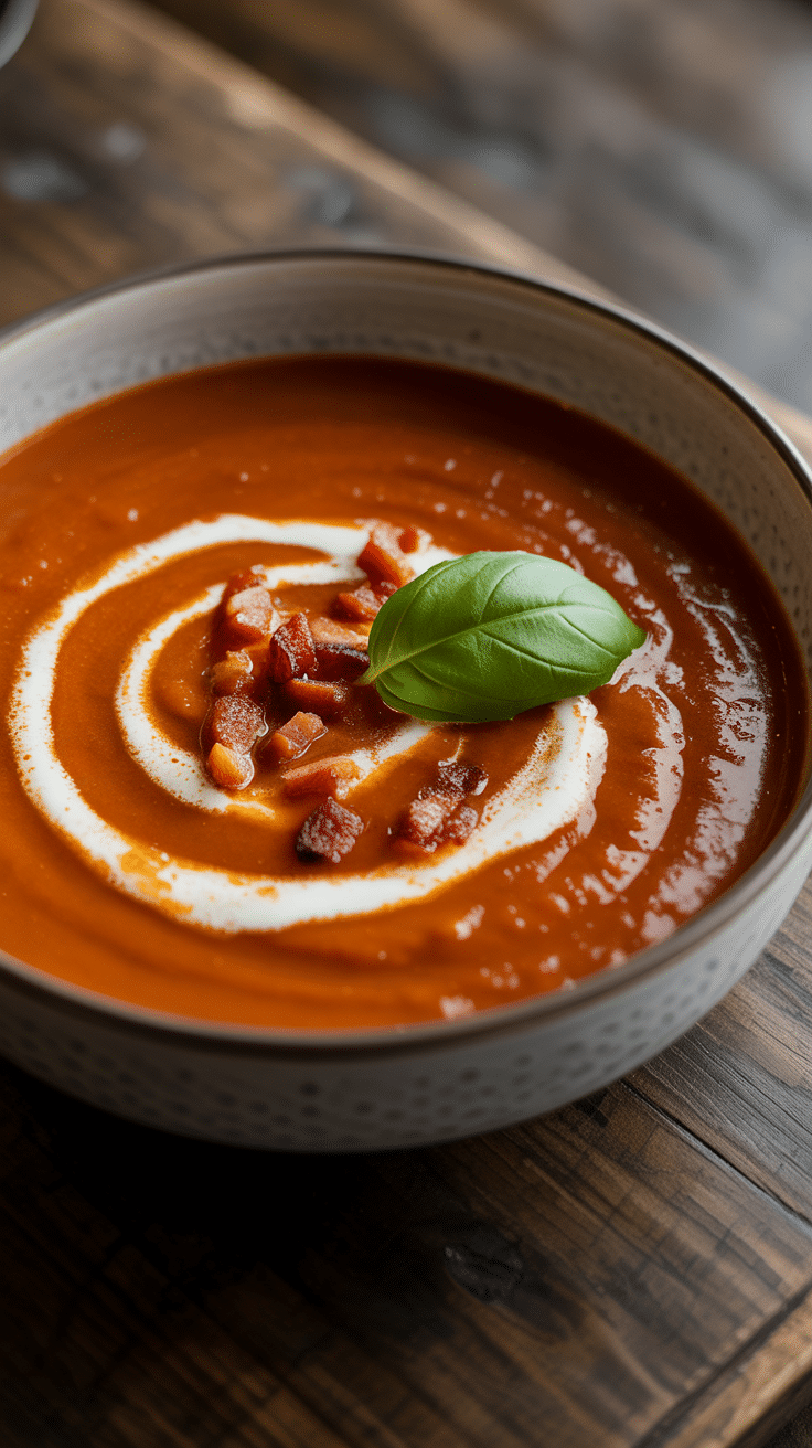 A warm bowl of the ultimate creamy Tomato Bisque, beautifully garnished with cream, bacon, and basil.