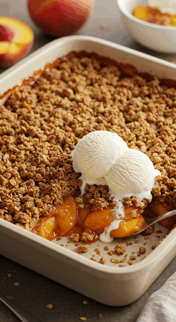 A warm, bubbly, and extra-crunchy homemade Peach Crisp with Granola in a baking dish with a scoop of melting vanilla ice cream.