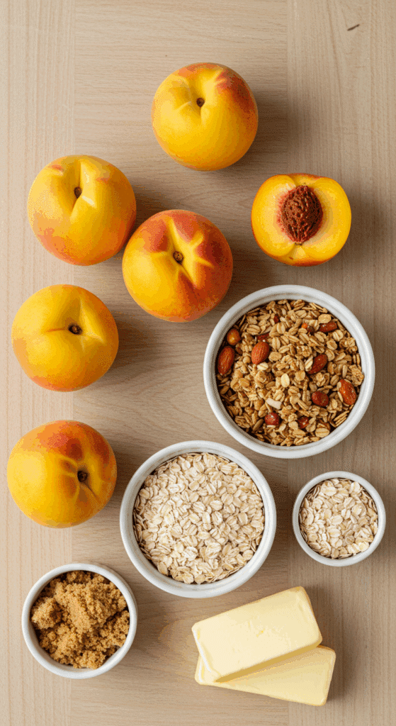 The fresh, simple ingredients for the Peach Crisp with Granola recipe.
