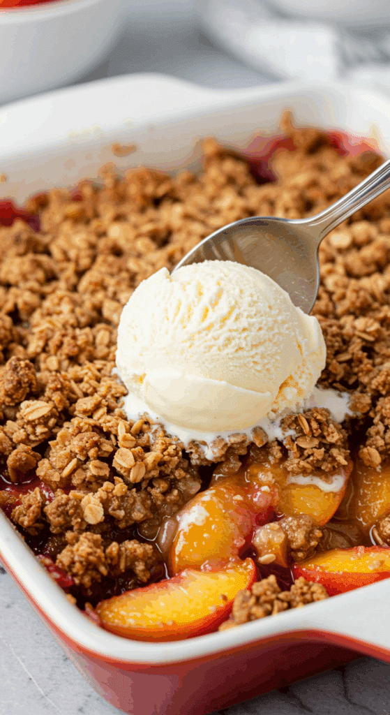 A close-up of a warm bowl of Peach Crisp with Granola with a scoop of vanilla ice cream melting on top.