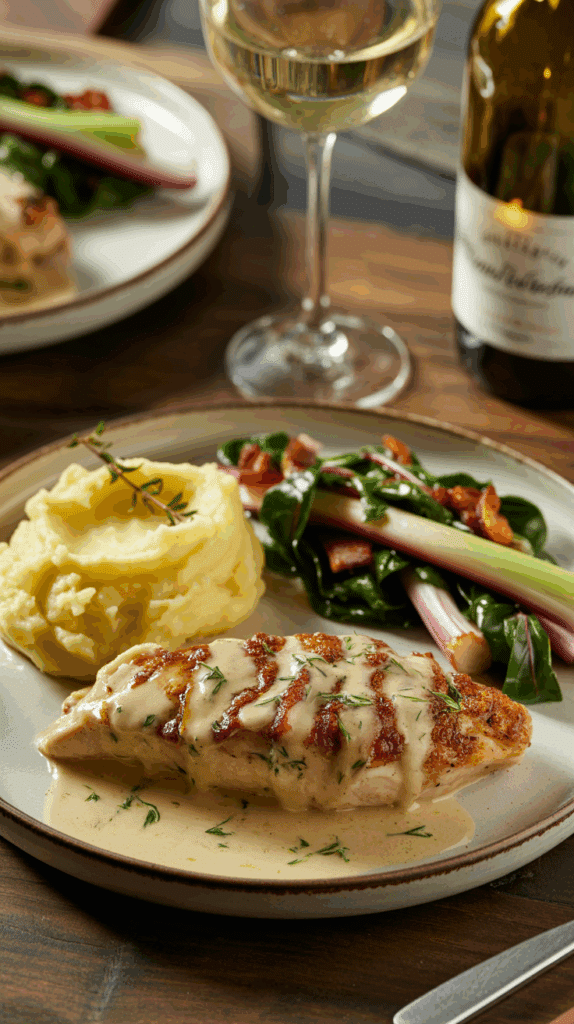 A beautifully plated meal of Dijon-Tarragon Chicken, Brie mashed potatoes, and rainbow chard, representing a complete French bistro dinner.