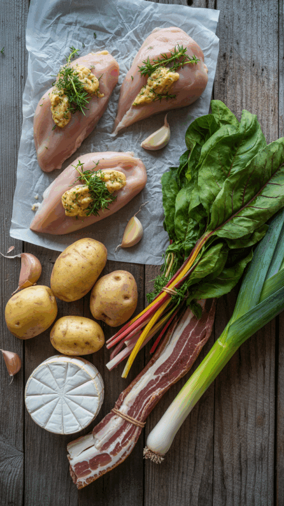 All the fresh ingredients for the Dijon-Tarragon Chicken, Brie mashed potatoes, and rainbow chard, neatly arranged.