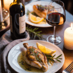 A romantic dinner setting for two featuring the complete Dijon-Tarragon Chicken meal.