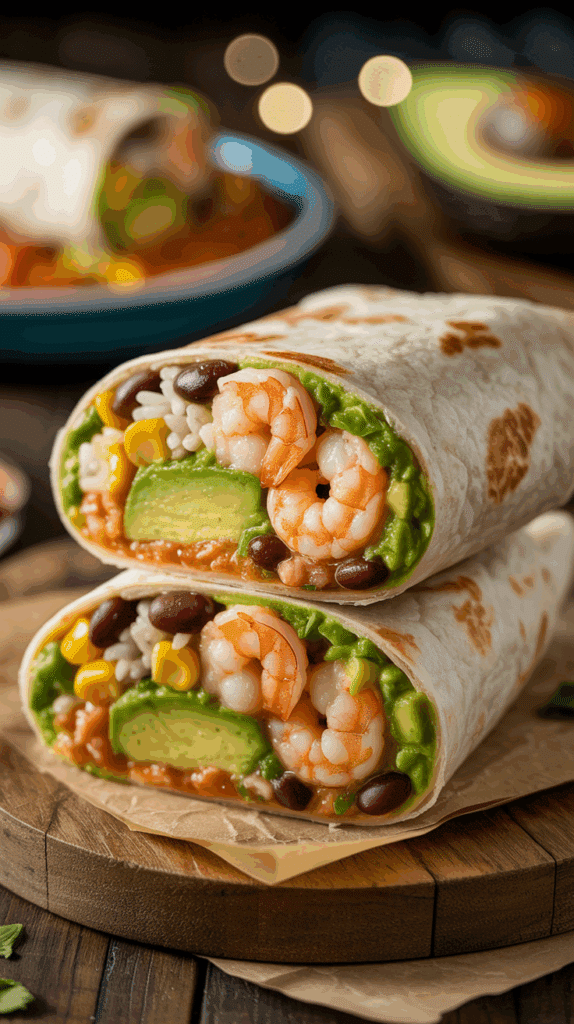 A fresh and healthy Shrimp and Avocado Burrito cut in half to show the colorful filling.