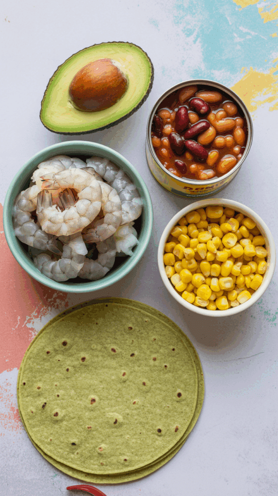 The fresh, colorful ingredients for the easy Shrimp and Avocado Burritos recipe.