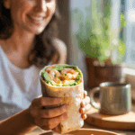 A person holding a large Shrimp and Avocado Burrito, ready to eat for a fresh and easy lunch.