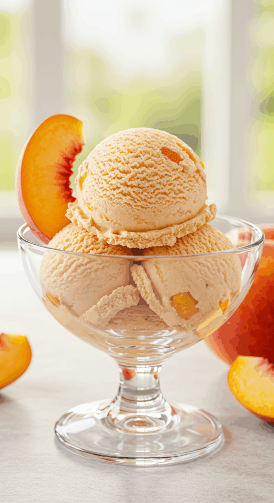 A beautiful scoop of creamy, homemade Peach Ice Cream in a glass bowl with a fresh peach garnish.