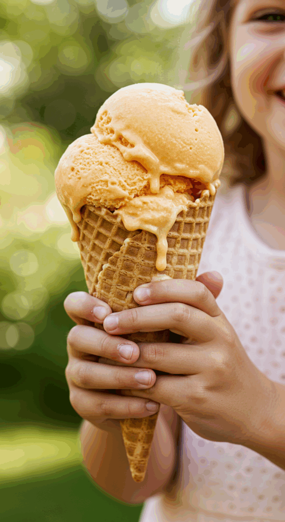 A child happily holding a large waffle cone of homemade Peach Ice Cream on a sunny summer day.