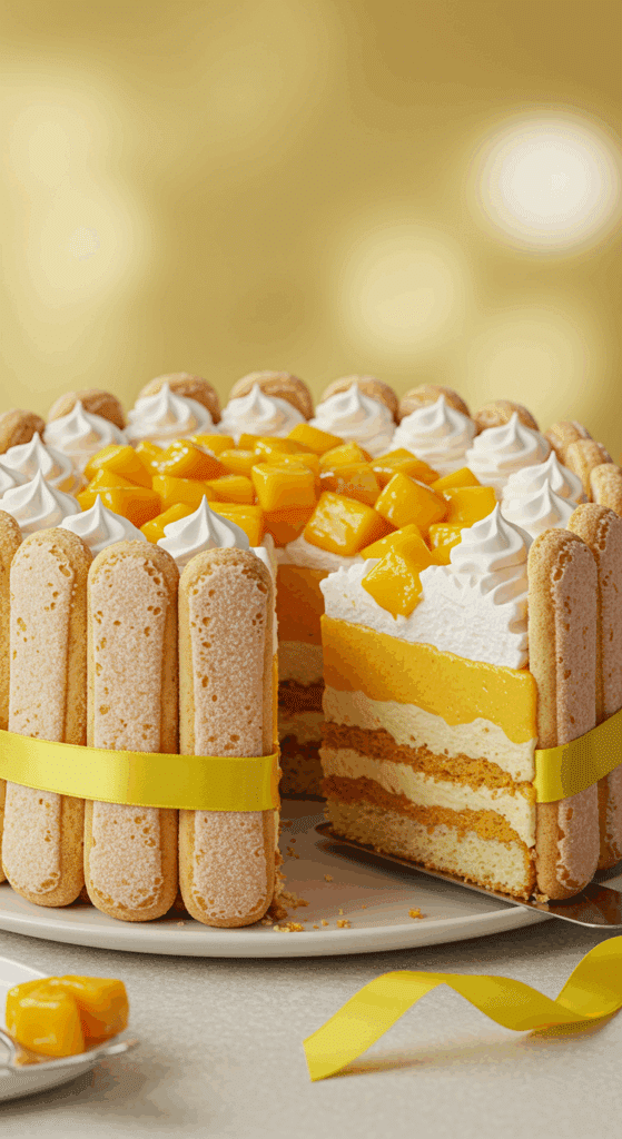 A stunning, elegant, and perfectly sliced Mango Charlotte Cake, tied with a ribbon.