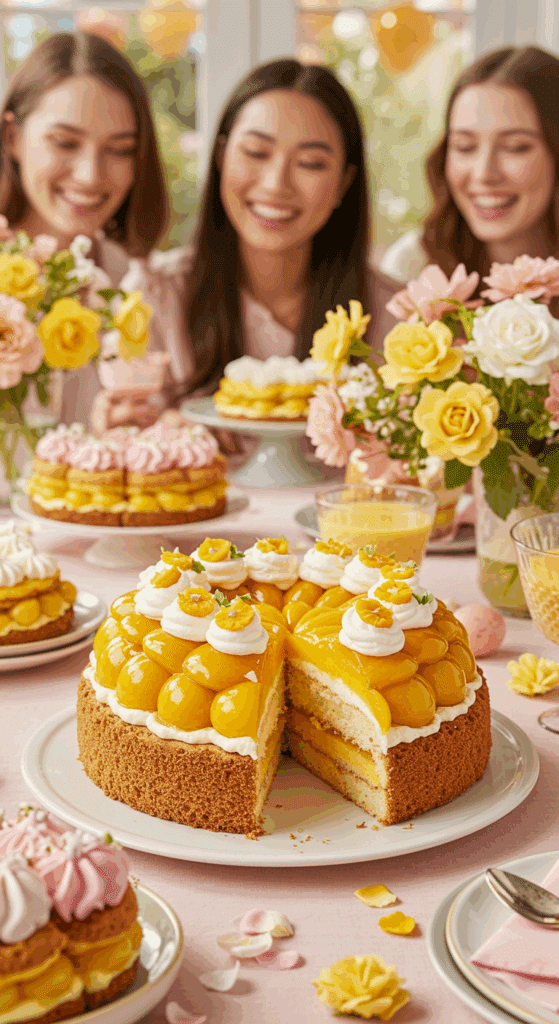 The beautiful Mango Charlotte Cake being served as the centerpiece at a spring celebration.