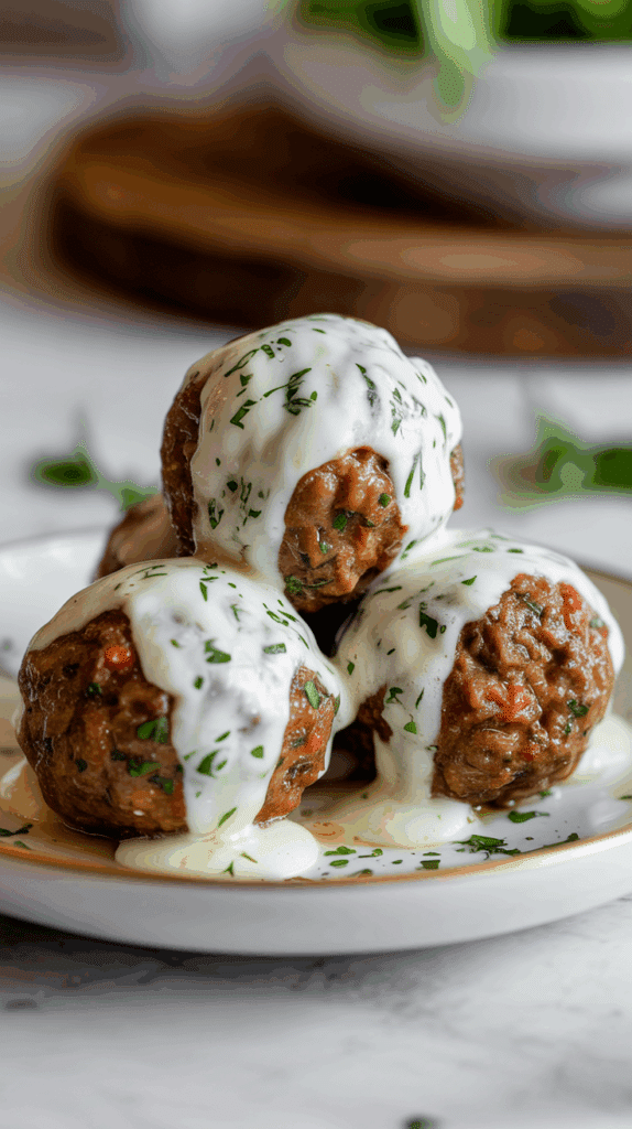 Three elegant Florentine Meatballs covered in a creamy white cheese sauce on a dinner plate.