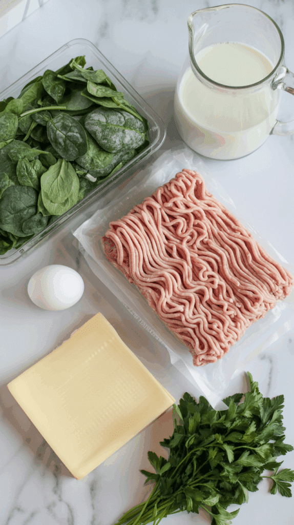 The simple, fresh ingredients for the Florentine Meatballs recipe laid out on a marble counter.