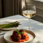 An elegant dinner plate of Florentine Meatballs served with wine and asparagus.