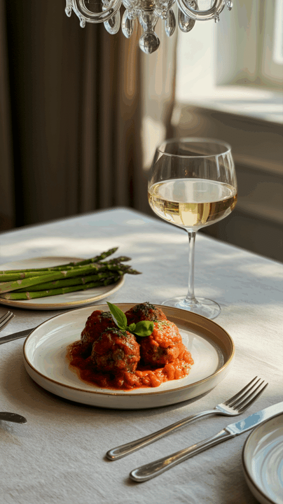 An elegant dinner plate of Florentine Meatballs served with wine and asparagus.