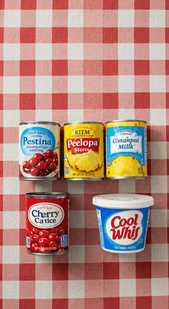 The four simple, canned and packaged ingredients for the easy Cherry Fluff recipe.