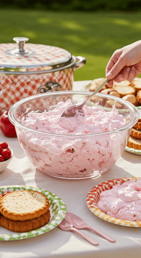 Serving a scoop of Cherry Fluff from a large bowl at a summer potluck.