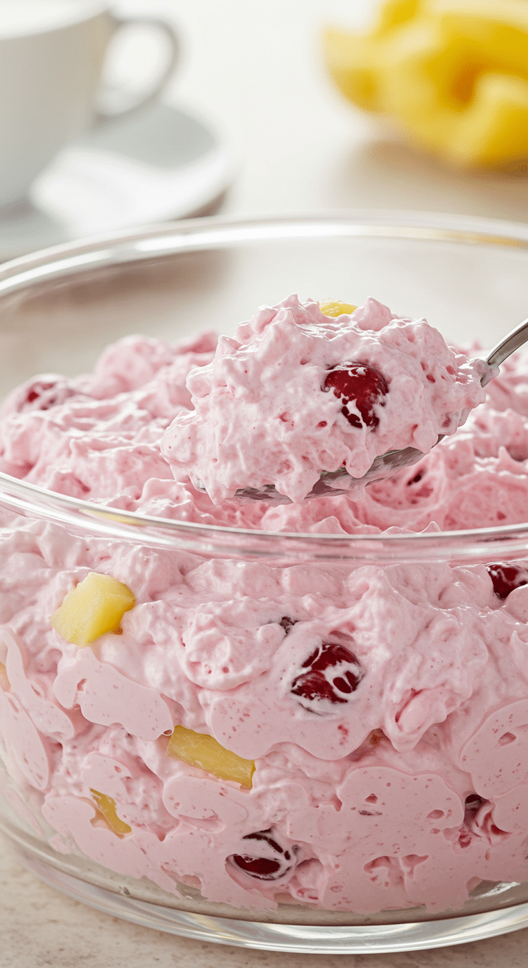 A large glass bowl of light, fluffy, and pink Cherry Fluff salad, with a scoop being taken out.