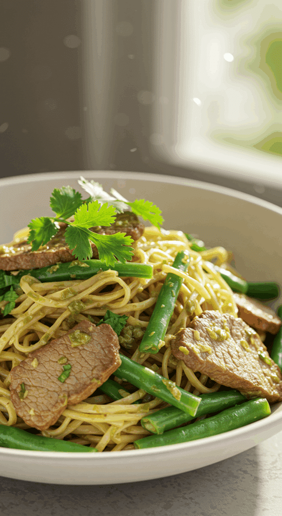 A fresh and vibrant bowl of Thai Pork and Noodles with a cilantro-lime sauce.
