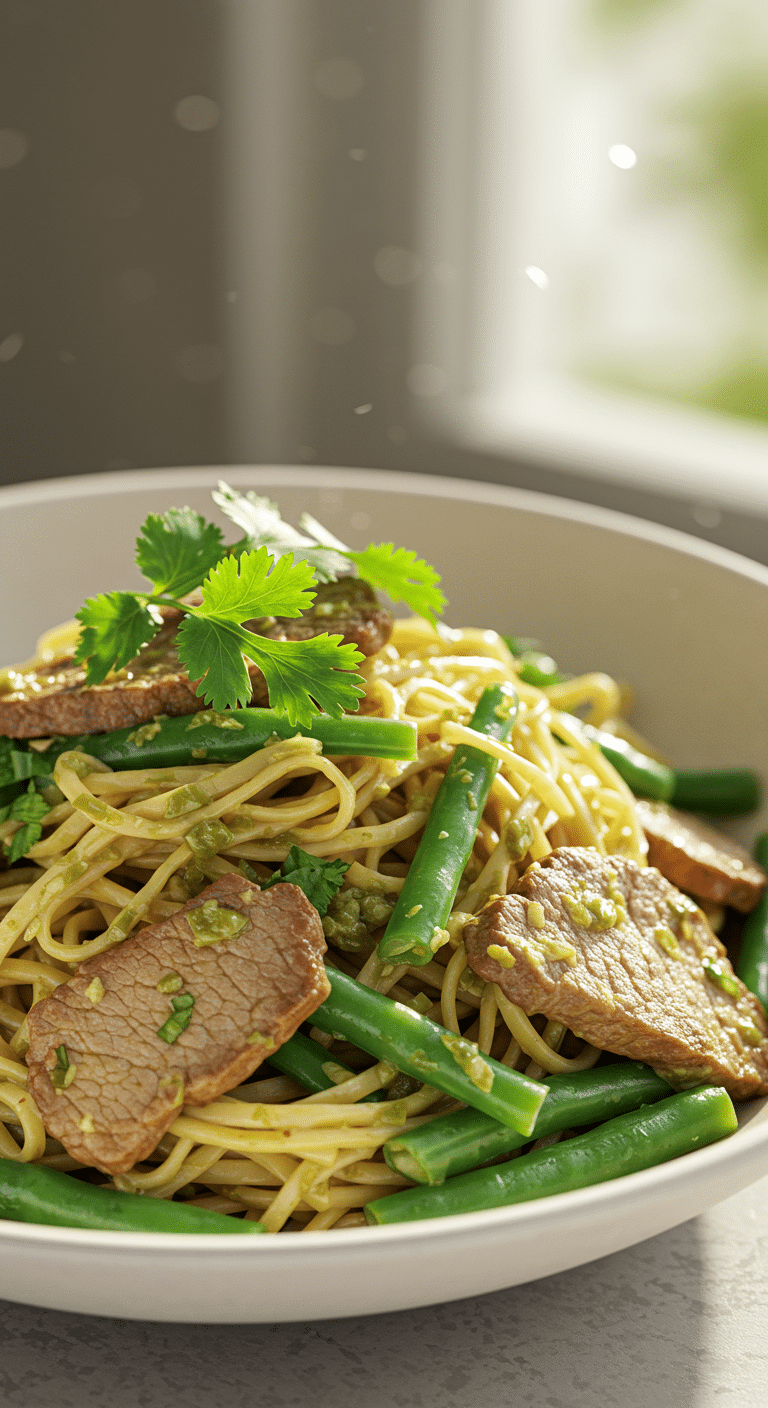 A fresh and vibrant bowl of Thai Pork and Noodles with a cilantro-lime sauce.