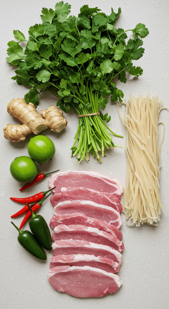 The fresh, vibrant ingredients for the Thai Pork and Noodles recipe, including pork, cilantro, and limes