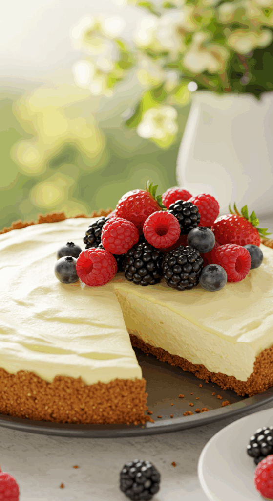 A beautiful, creamy Frozen Lemonade Pie with a slice removed, topped with fresh mixed berries.