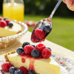A hand spooning fresh mixed berries over a slice of Frozen Lemonade Pie at a summer barbecue.