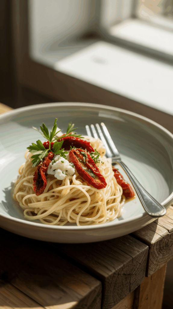 A vibrant bowl of Angel Hair with Sun-dried Tomatoes and Goat Cheese, garnished with fresh parsley.