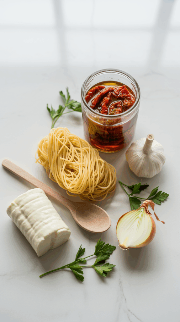 The simple ingredients for Angel Hair with Sun-dried Tomatoes and Goat Cheese laid out on a marble counter.