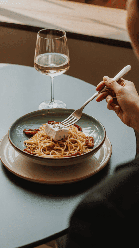 A person enjoying a quick and elegant weeknight dinner of Angel Hair with Sun-dried Tomatoes and Goat Cheese.