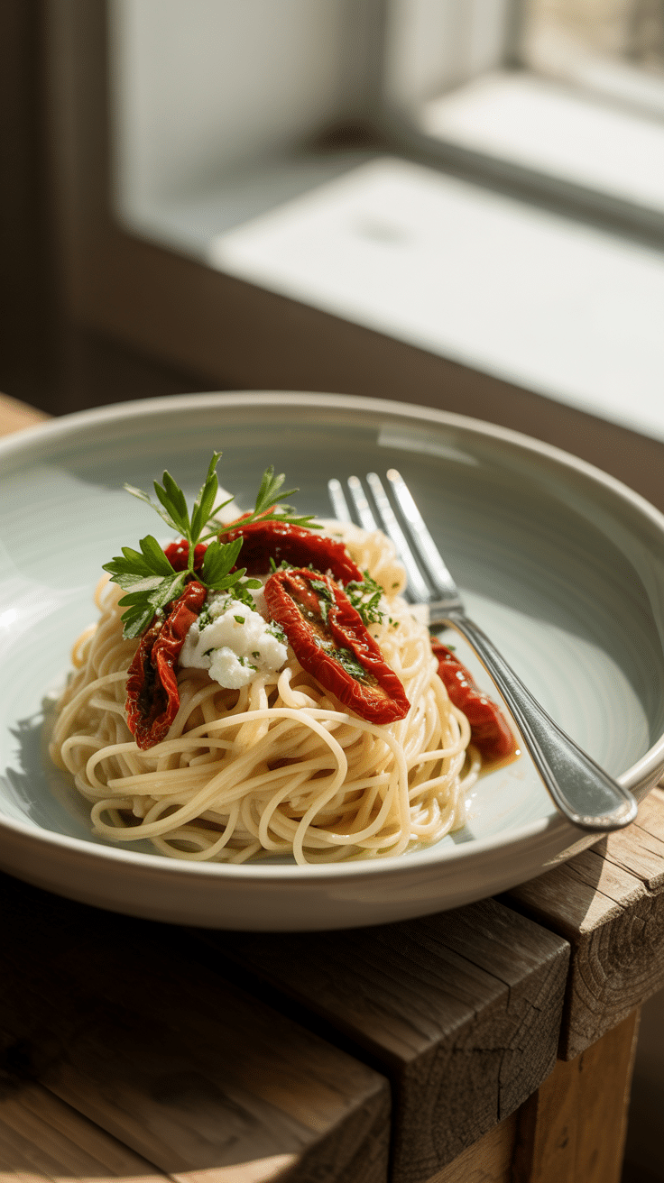 A vibrant bowl of Angel Hair with Sun-dried Tomatoes and Goat Cheese, garnished with fresh parsley.
