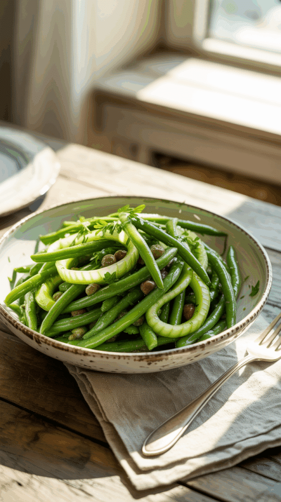 A bowl of fresh, homemade Green Bean Salad with a lemon-caper vinaigrette.