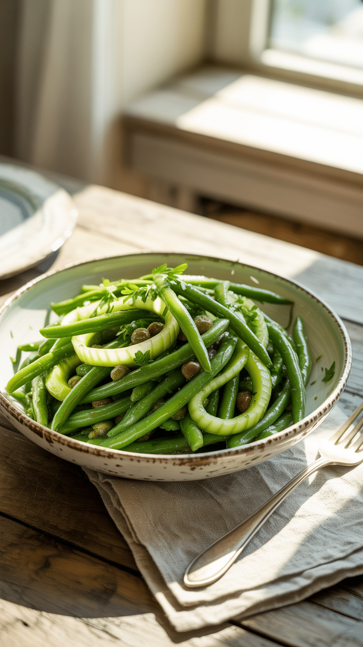 A bowl of fresh, homemade Green Bean Salad with a lemon-caper vinaigrette.