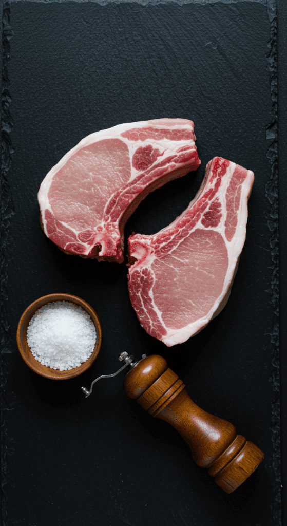The simple ingredients for perfect Grilled Pork Chops: pork, salt, and pepper.