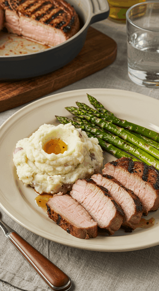 A plated meal of a Grilled Pork Chop with mashed potatoes and asparagus.