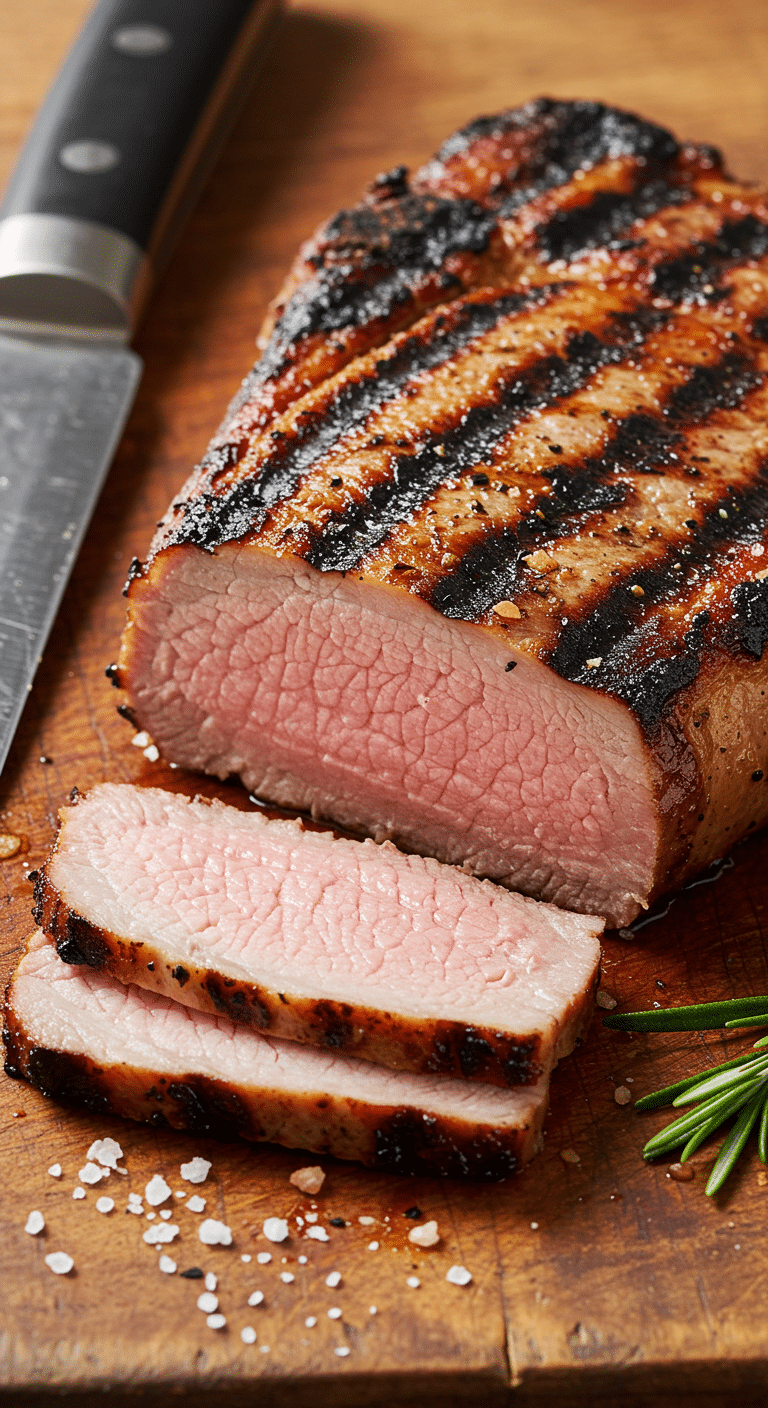 A perfectly juicy, thick-cut Grilled Pork Chop, sliced to show the inside.