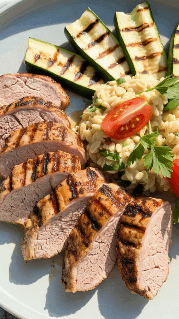 A plated meal of sliced, juicy Grilled Pork Tenderloin with zucchini and orzo salad.