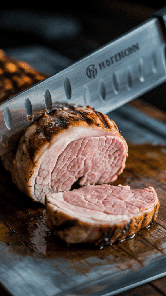 A knife slicing into the juicy, finished Grilled Pork Tenderloin.