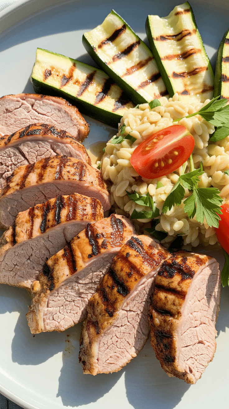 A plated meal of sliced, juicy Grilled Pork Tenderloin with zucchini and orzo salad.