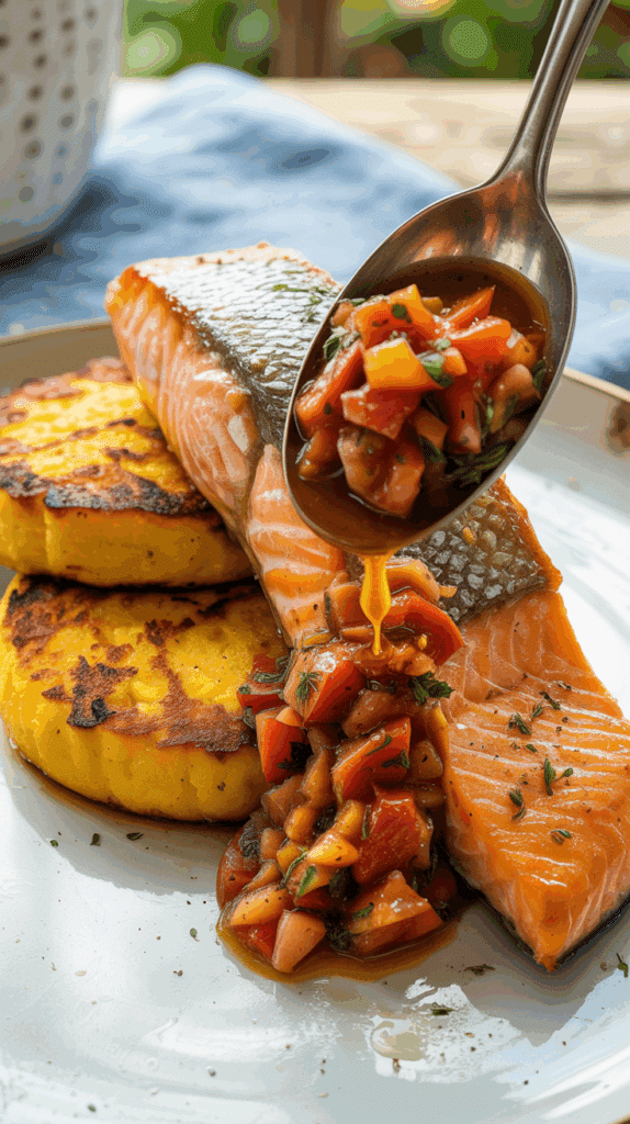A plated meal of homemade Grilled Salmon and Polenta with a charred tomato vinaigrette.