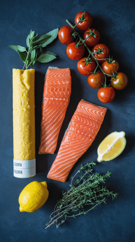 Fresh ingredients for the Grilled Salmon and Polenta recipe.