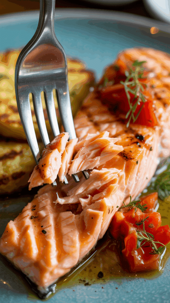 A fork flaking a piece of the juicy, finished Grilled Salmon.