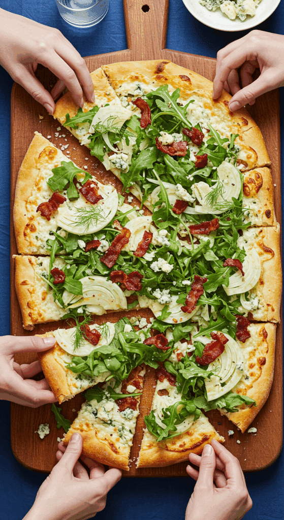 A homemade Grilled White Pizza, cut into appetizer squares for a party.