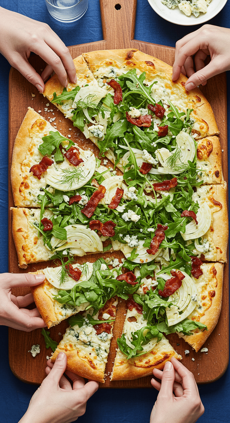 A homemade Grilled White Pizza, cut into appetizer squares for a party.