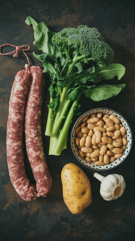 The rustic ingredients for Sausage, Beans and Broccoli Rabe Soup, including sausage, fresh rabe, and beans.