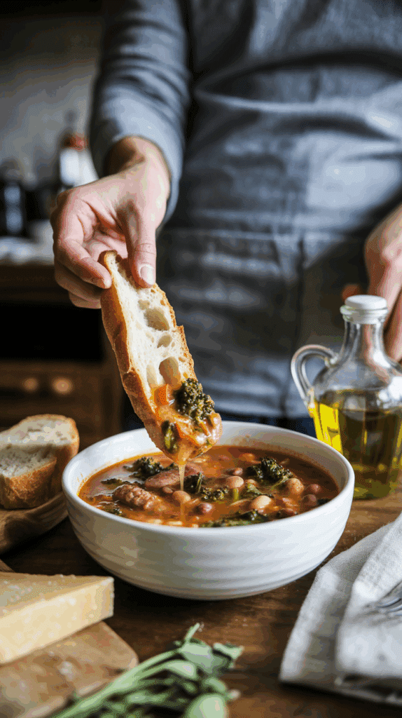 A person dipping crusty bread into a warm bowl of Sausage, Beans and Broccoli Rabe Soup.