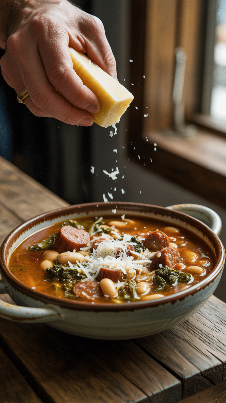 A rustic bowl of Sausage, Beans and Broccoli Rabe Soup being topped with freshly grated Parmesan cheese.
