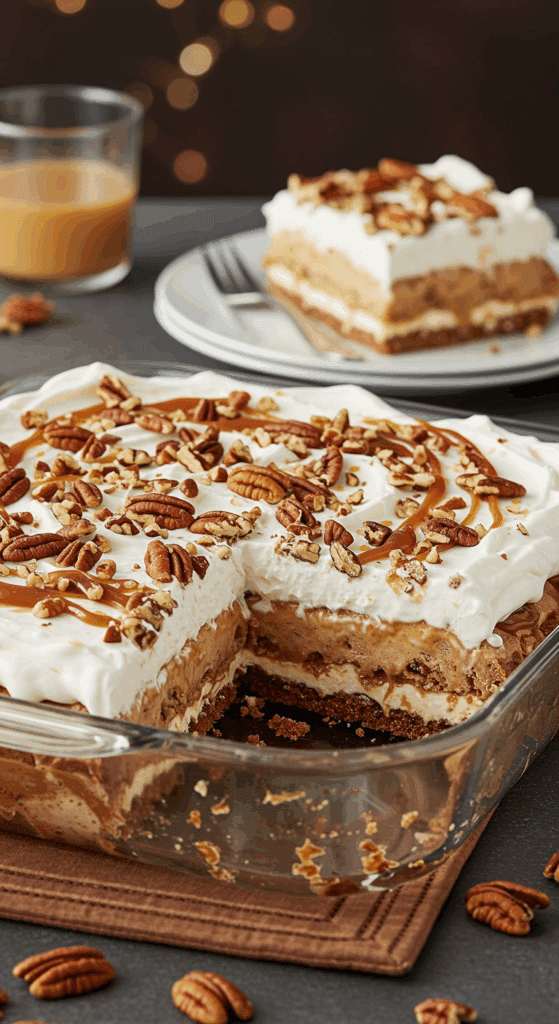 A beautiful, layered Ice Cream Sandwich Cake in a glass dish with one perfect slice removed.